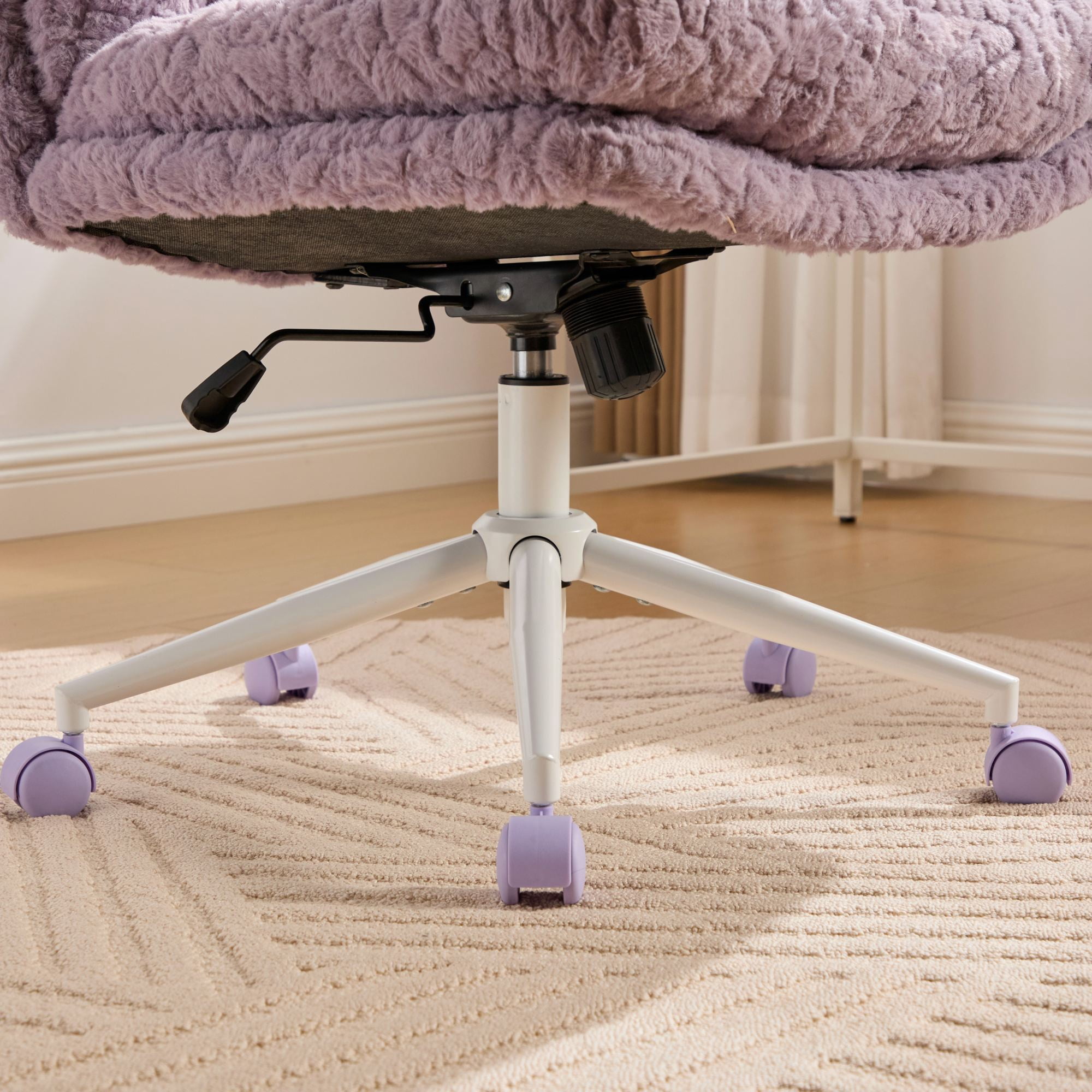 PAPROOS Vanity Chair with Back, 26.4" Wide Armless Home Office Chair with Artificial Rabbit Hair, Metal Base, Adjustable Swivel Ergonomic Desk Chair with Wheels, Computer Task Seating, Purple