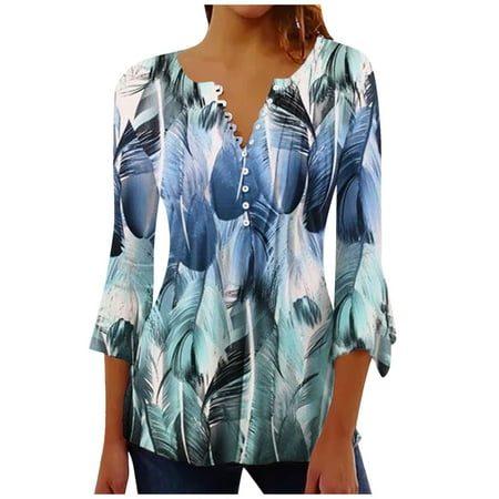 

Summer Savings Clearance Shirts ! Wenini Tunic Tops for Women Casual 3/4 Sleeve Flower Printed Buttoned Shirt Basic Ruched Corset Comfy Pleated T-Shirts Blouses Blue XL