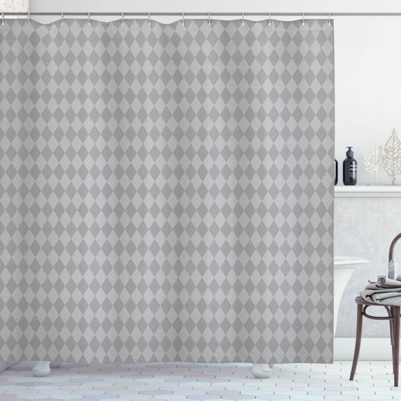 Geometric Rhombus Shower Curtain, Neutral Design Simplistic Rhomb Check Repetition Graphic, Fabric Bathroom Set with Hooks, 69W X 70L Inches, Pale Taupe and Pale Grey, by Ambesonne