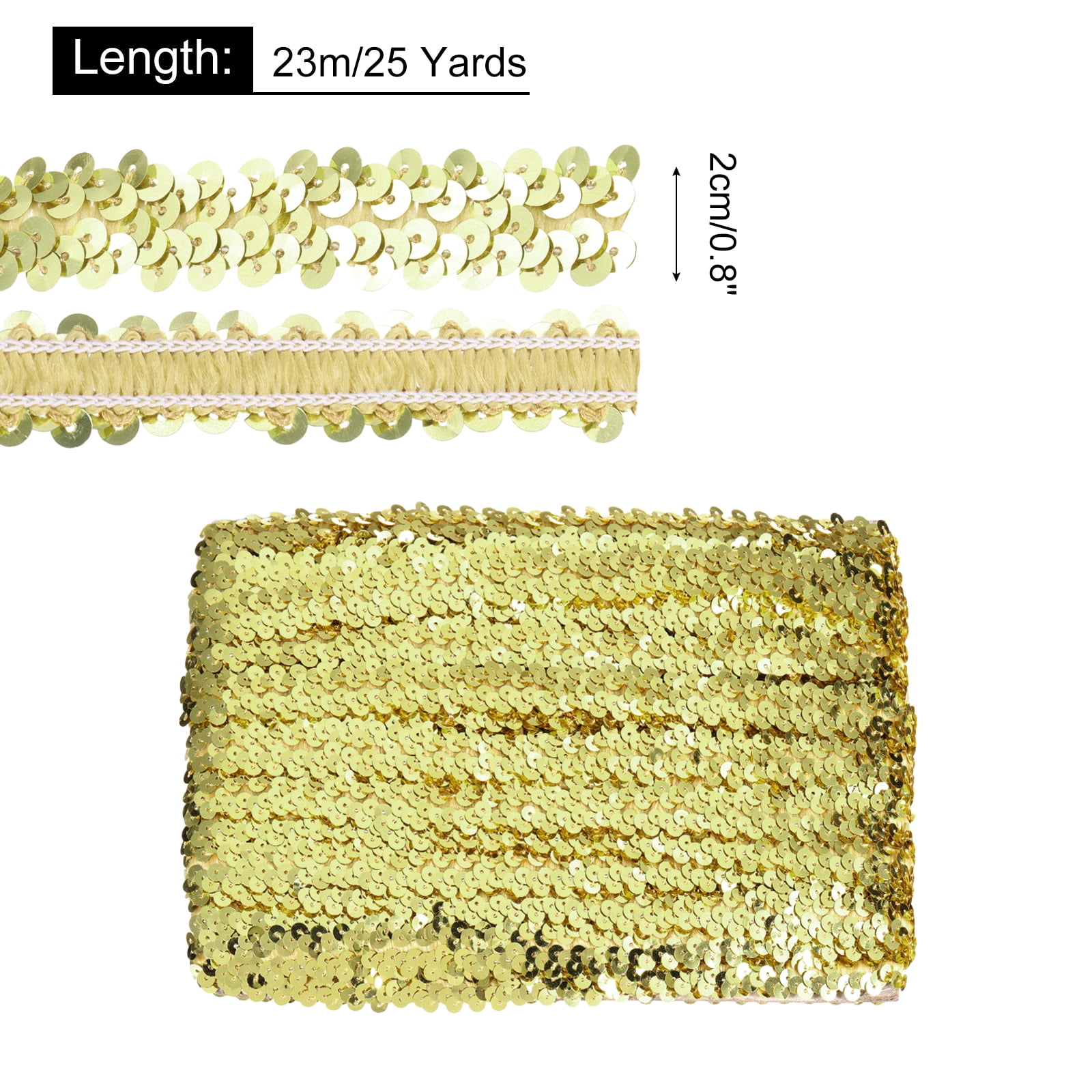 Uxcell 25 Yards 0.8 Inch Elastic Sequins Trim Flat Sequin Strip Paillette Fabric Ribbon for Crafts DIY Fringe Sewing Gold Tone