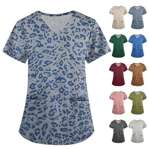 Leopard Print Scrubs for Women Premium Plus Size Nurse Working Uniforms Fashion V Neck Cheetah Print Side Slits Scrub Shirt Ultra Soft Short Sleeve Medical Workwear with Pockets Light Blue XL