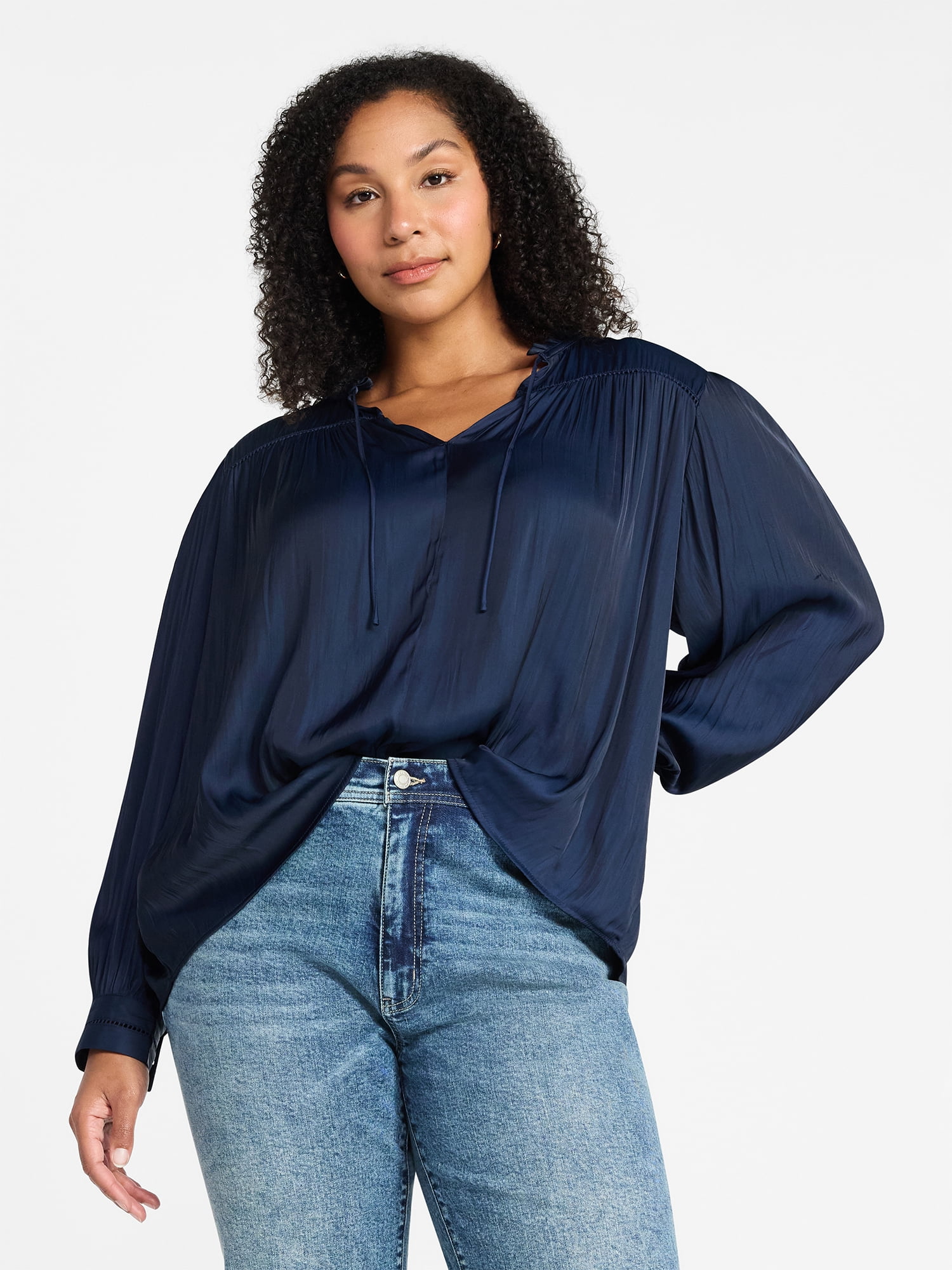 Time and Tru Women's Soft Ruched Yoke Blouse with Long Sleeves, Sizes XS-XXXL
