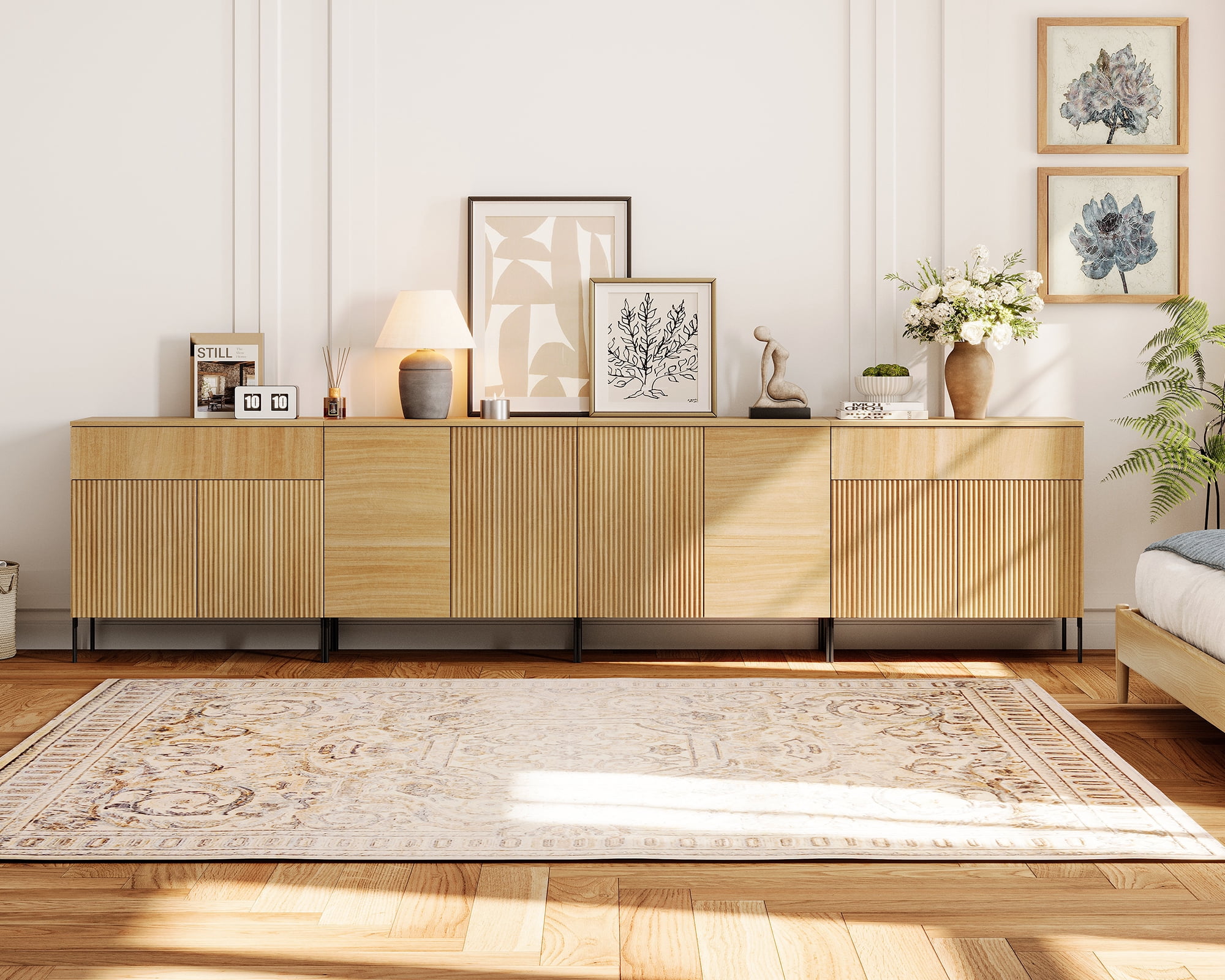 126" Modern Reeded Drawer Dresser Set with Doors for Bedroom, Minimalist Chest of Drawers with Storage, Wooden Dresser for Living Room, Bedroom, Entryway