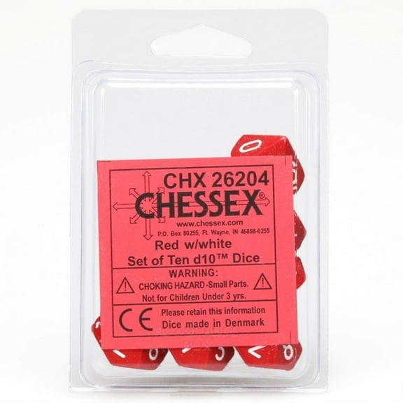 Chessex Dice Sets: Opaque Red with White - Ten Sided Die d10 Set (10)