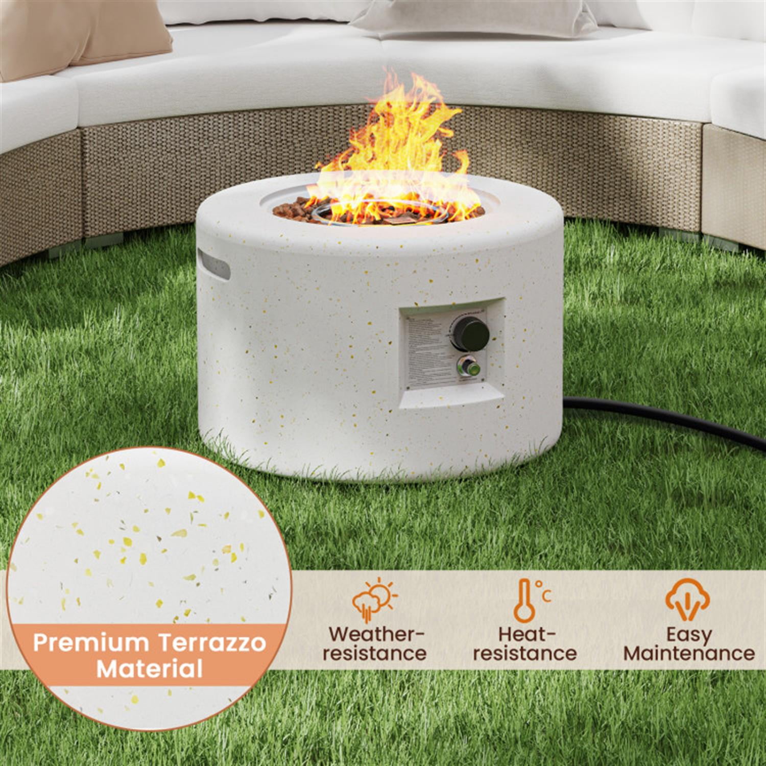 Demi Bonn 40 000 BTU 25" Round Terrazzo Propane Gas Fire Pit with Hideaway Tank Holder and Lava Rocks, White