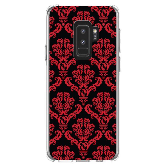 DistinctInk Clear Shockproof Hybrid Case for Samsung Galaxy S9  PLUS (6.2" Screen) - TPU Bumper, Acrylic Back, Tempered Glass Screen Protector - Black Red Damask Pattern - Floral Damask Pattern