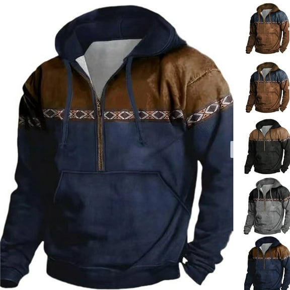Men's Fashion Casual Half Zip Hoodie, Long Sleeve Pullover for Streetwear, Daily Wear,Black,L