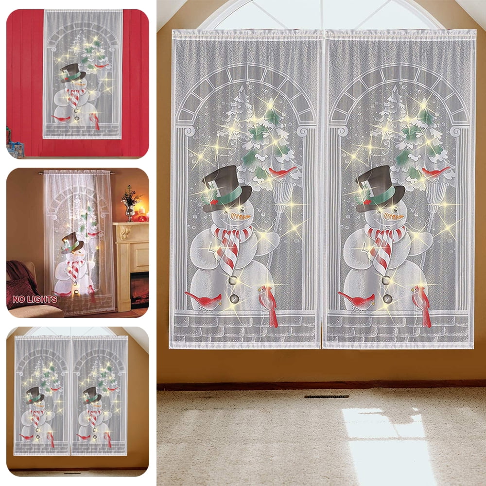 Goory Snowman Lace Drapes Colorful Living Room Decoration Christmas Curtains Xmas With LED Light Bedroom Window Curtain
