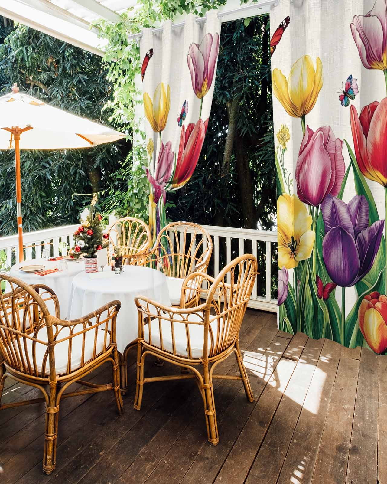 Outdoor Curtains for Patio, Spring Floral Waterproof Blackout Outside Curtain for Porch/Pergola/Gazebo, Tulip Summer Butterfly Botanical Colorful Thermal Insulated Drapes, 2 Panels, 54 x 84 Inch
