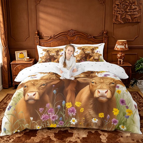 jejeloiu Brown Highland Cattle Duvet Cover Set For Kids,Countryside Flowers Rustic Farmhouse Theme Bedding Full For Girls,Reversible,3pcs(No Comforter)