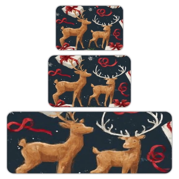 RKSupls Kitchen Rug Set 3 Piece Anti-Slip Flannel Floor Mats, Reindeer Gifts Christmas Washable Absorbent Runner Mats for Kitchen Bathroom Home Decor