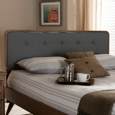 Walnut Headboard Queen Baxton Studio Palina Mid-Century Modern Dark Grey Fabric Upholstered Walnut Brown Finished Wood Queen Size Headboard ()