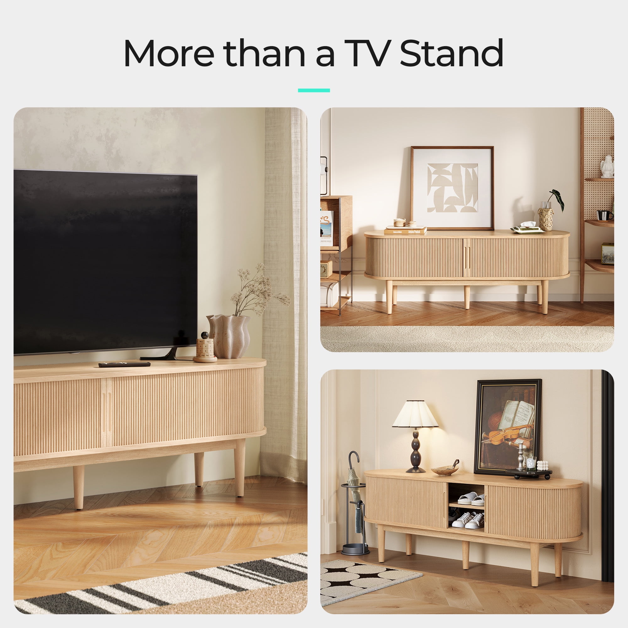 LINSY HOME Fluted TV Stand for TVs up to 65", Mid-Century Home Entertainment Center with Sliding Tambour Door and Adjustable Shelves, Oak