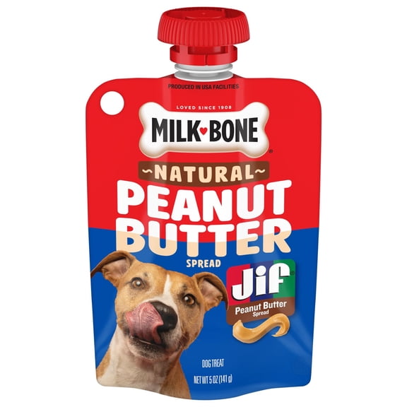 Milk Bone Natural Peanut Butter Spread with Jif , Lickable Dog Treats in a Squeezable Pouch, 5 oz