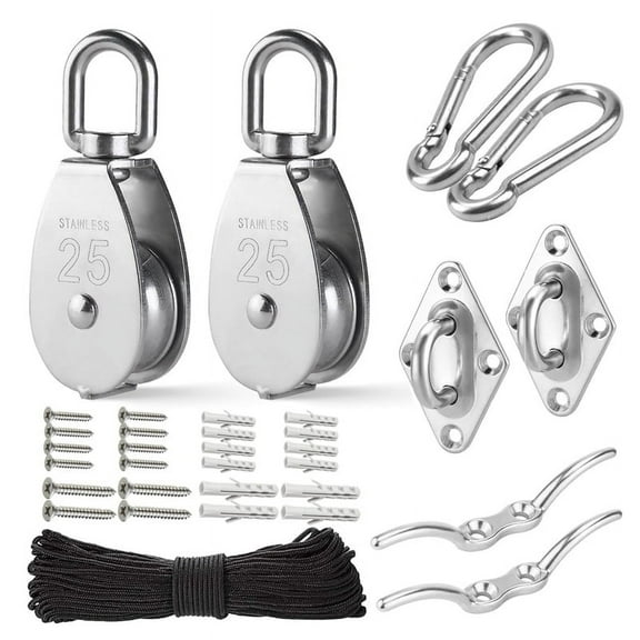 M25 Stainless Steel Pulley System Kit-Heavy-Duty Pulley Wheel, Pulley Block with Nylon Rope 4MM, Hooks, Plate (2 Pack)