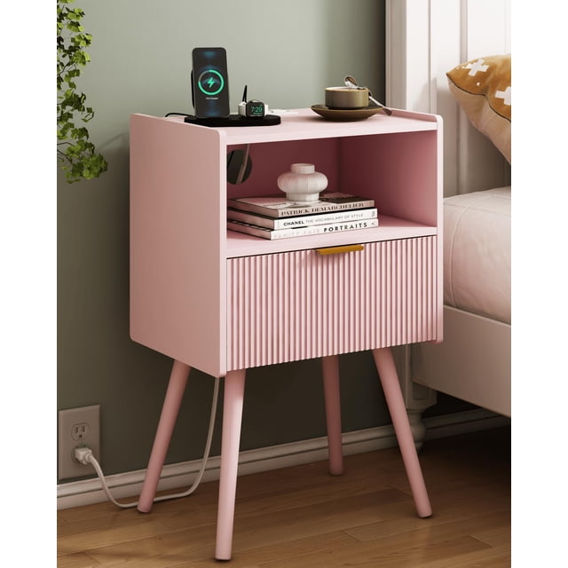 Mesa de noche JOONEE rosa moderna con cajón