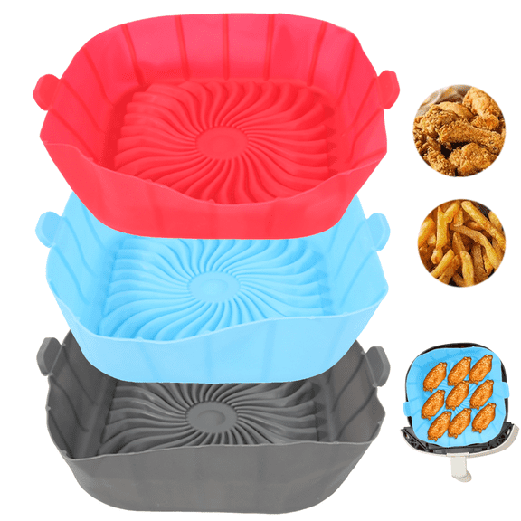 3PCS Reusable Heat Resistant Silicone Air Fryer Basket with Handles,Square Air Fryer Silicone Pot, Silicone Air Fryer Liners