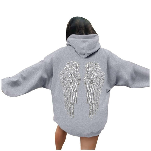 Casual Fall Winter Hoodie With Angel Print Solid Color Pullover Sweatshirt Cozy Fleece For Everyday Wear Women'S Hoodies & Sweatshirts Grey M