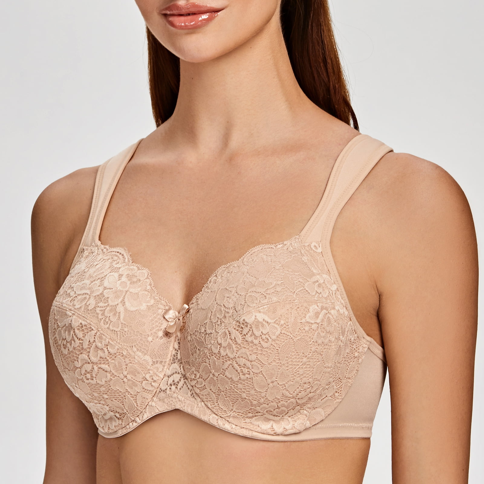 MELENECA Women's Floral Lace Non-Padded Minimizer Full coverage Underwire Bra Pale Nude-Lace 42D