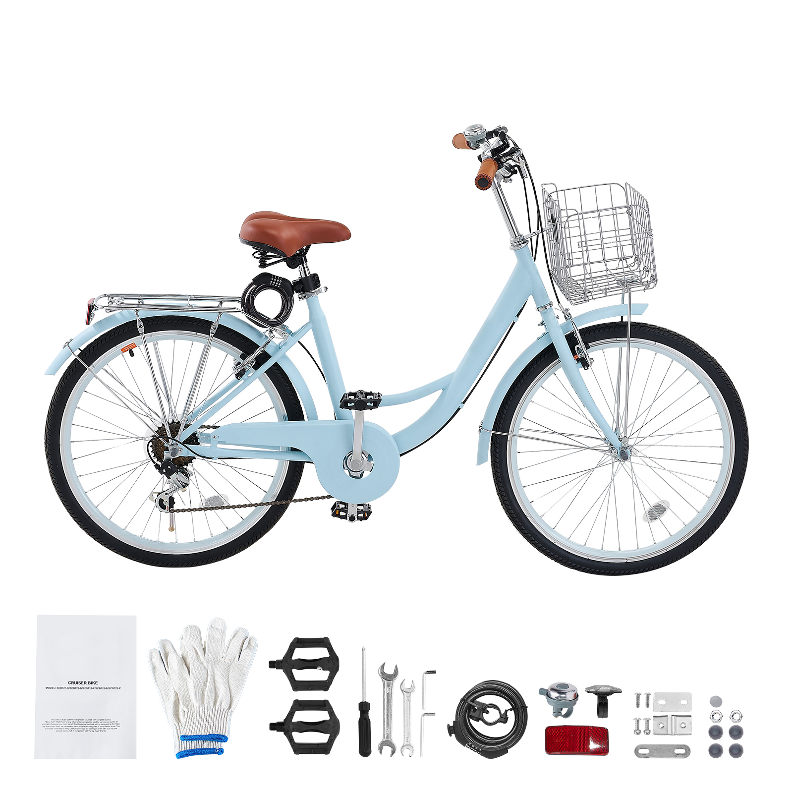 KFFKFF 24" Cruiser Bike, 7-Speed, Sky Blue Coastal Cycle with Spacious Basket and Back Stand, Robust Carbon Steel Leisure Bicycle with Modifiable Saddle, for Adult Men and Women