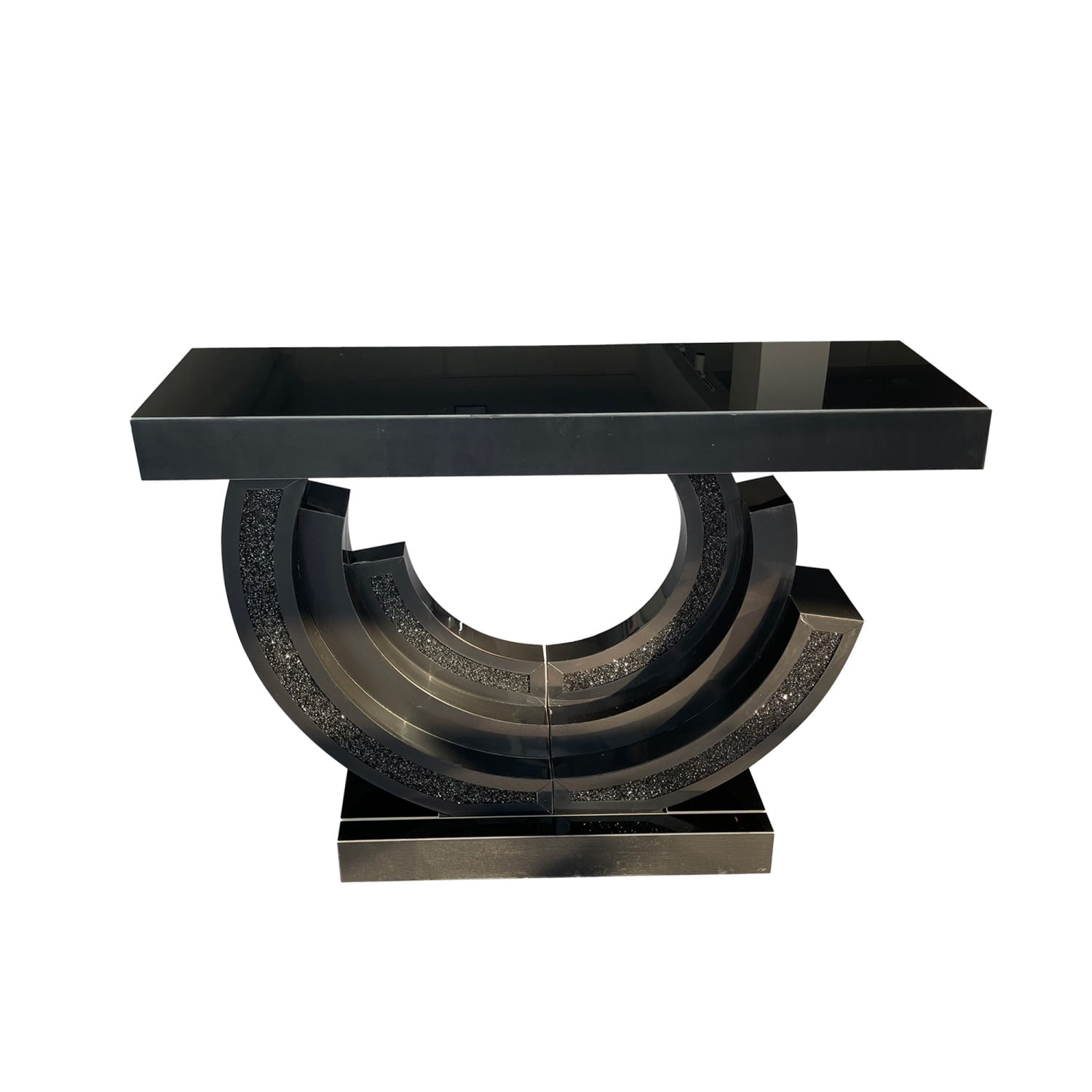 Hommoo Modern 3C-Shaped Mirrored Glass Crescent Console Table with Crushed Diamond Inlay, Entryway Living Sofa Table, Black