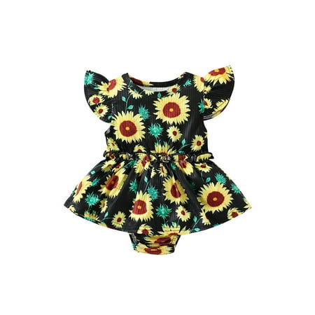 

Calsunbaby Infants Baby Girl Summer Ribbed Jumpsuit Newborn Sunflower Print Crew Neck Flying Sleeves Romper Child Suit