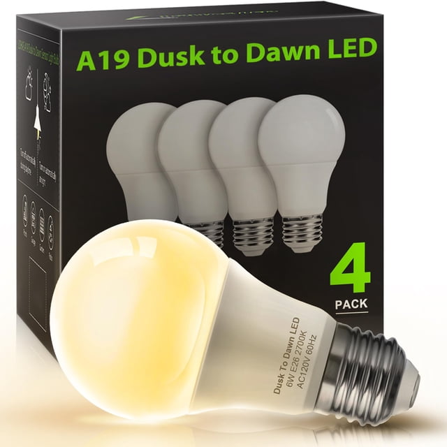 Bombilla LED LOHAS con sensor del anochecer al amanecer, 6 W, 500 lúmenes, 2700 K, paquete de 4
