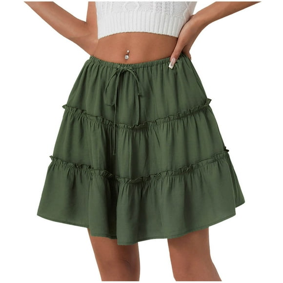 Besolor Women's Summer Boho Mini Skirt Elastic Waist Drawstring Ruffle Tiered A-Line Flowy Short Skirts