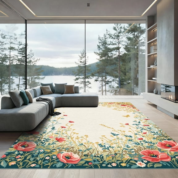 ODIKA 4'x6' Machine Washable Non-Slip Area Rug, Watercolor Cream High Traffic Rug, Ivory, 1088993