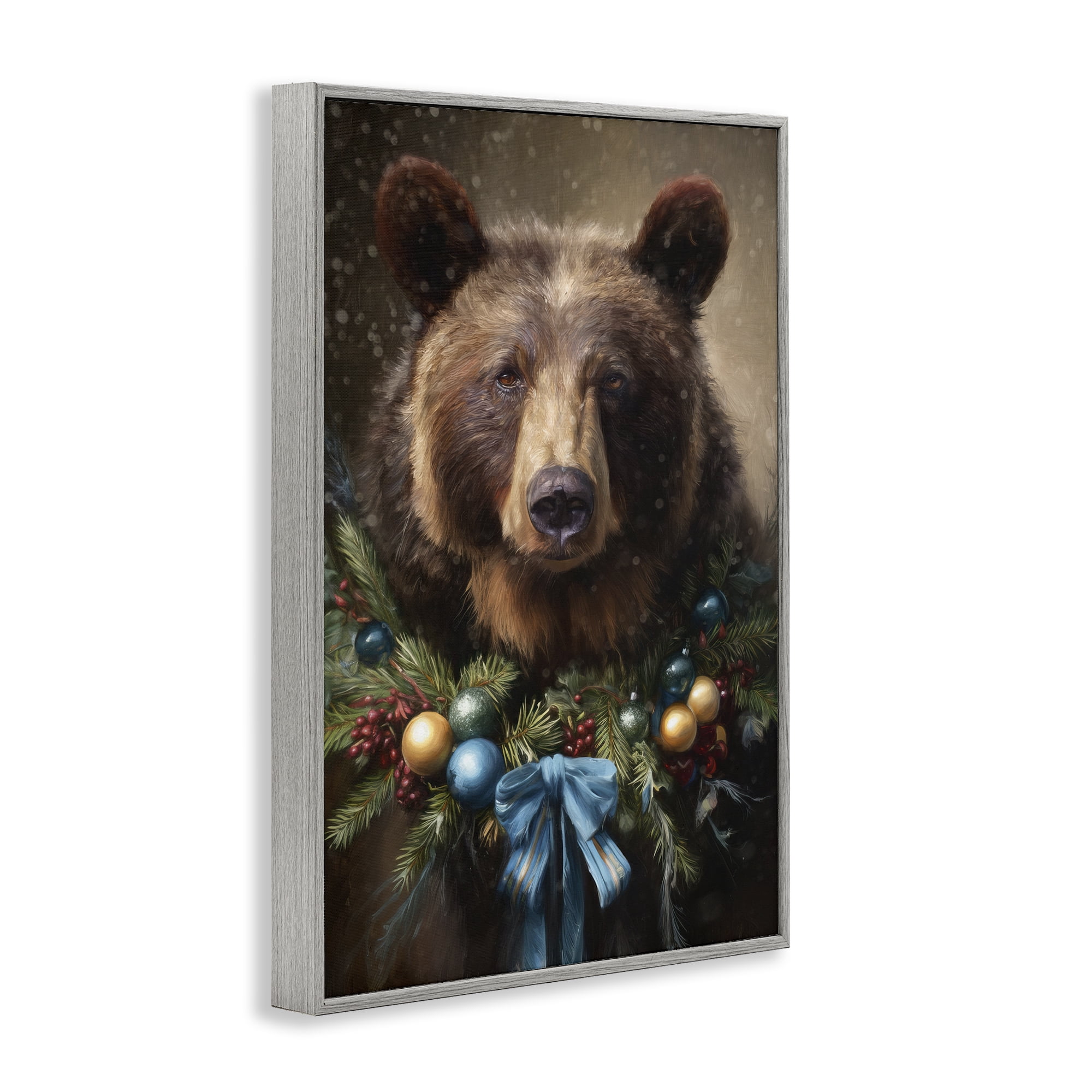 Stupell Industries Christmas Grizzly with Wreath Gray Framed Giclee Art, design by Tina LeCour
