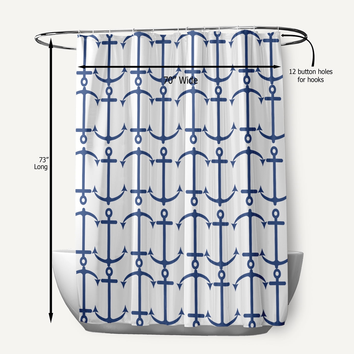 Simply Daisy 70" W x 73" L Anchor Pattern Polyester Shower Curtain, Nautical Navy [1 Ct]