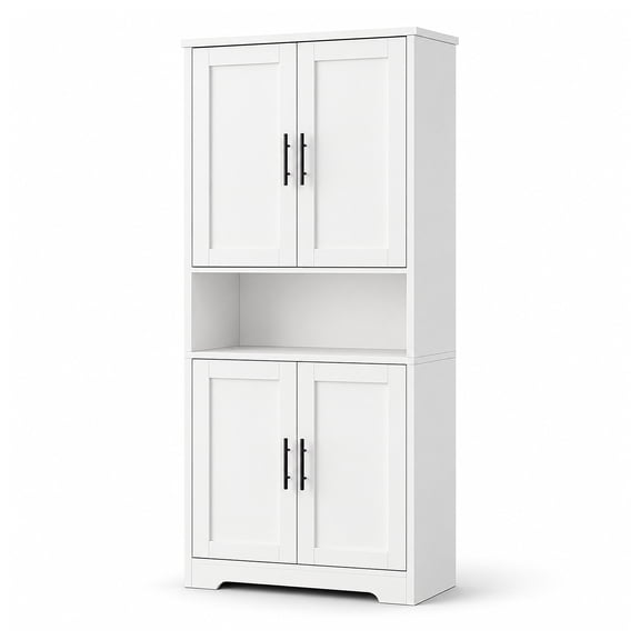 Tall Kitchen Pantry Storage Cabinet with 4 Doors, Open Shelf and 6 Adjustable Shelves, 30 x 14 x 70 in, White