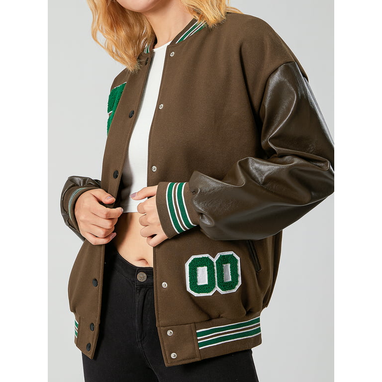 Sunisery Women Varsity Baseball Jackets Faux Leather Long Sleeve Zip Up  Cropped Bomber Jacket Coat Aesthetic Jackets Top Apricot S