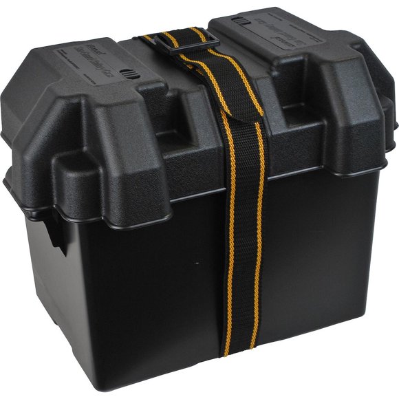 Attwood Marine Battery Box 9065-1 For Use With 24/24M/24F Series Batteries; With Mounting Hardware; Standard Size; Black; Polypropylene; Vented; With 40 Inch Length Battery Hold-Down Strap