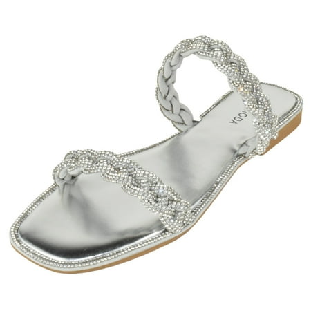 Top Moda Shoes Women Flip Flops Sandals Double Strap Slide Bling Rhinestone Crystals Formal LIZ-9 Silver Metallic 7.5