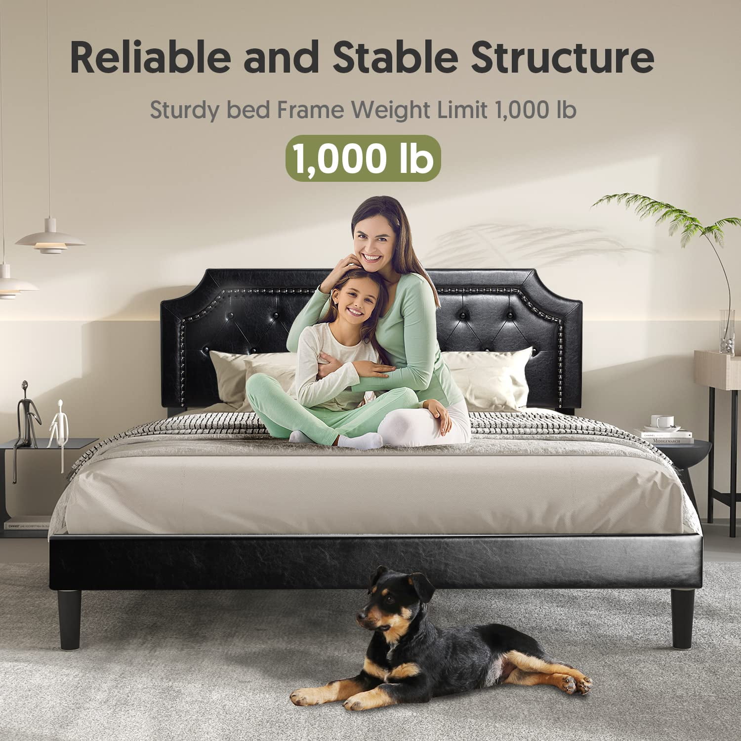 BONSOIR FULL Size Bed Frame Upholstered Low Profile Platform Bed with Tufted Faux Leather Headboard/No Box Spring Needed/No Bed Skirt Needed (Black, Full Size)