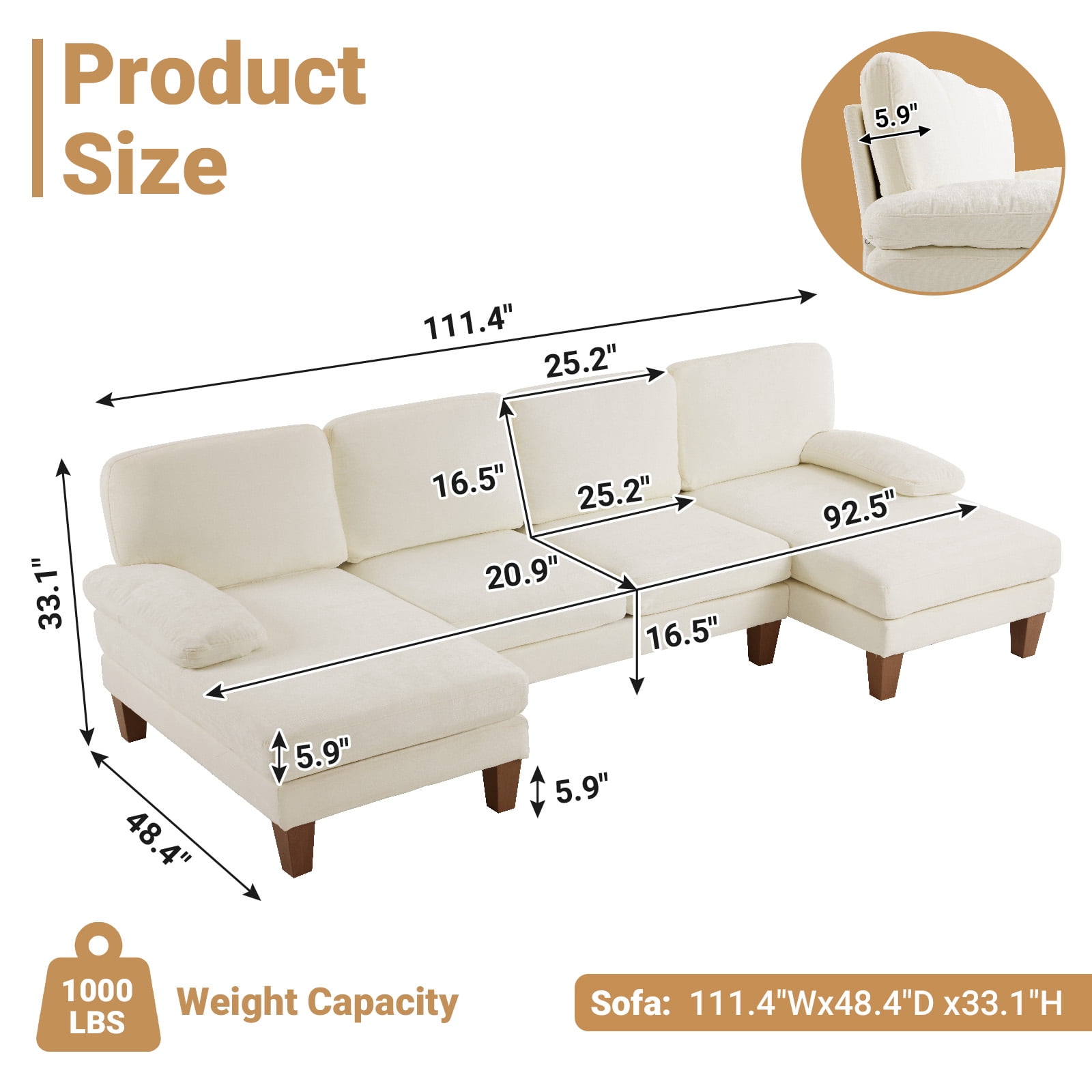 Ktaxon U-Shaped Sectional Sofa, 111"  Chenille Couch, 4 Seat Lounge Sleeper with Double Chaise for Living Room Off White