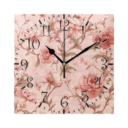 7.78in Square Artistic Wall Clock Dual-Purpose Tabletop & Hanging Decor Silent Non-Ticking Clocks for Home Office pink Flowers
