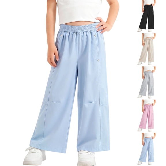 SGFCWSX Girls Wide Leg Pants Elastic Waist Loose Fit Casual Pants with Pockets Lightweight Summer Trousers for Kids Blue Size 7 Years