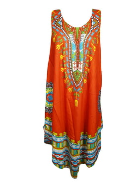 Mogul Women Orange African Print Dashiki Loose Tank Dress Round Neck Sleeveless Flared Hippy Chic Sundress S