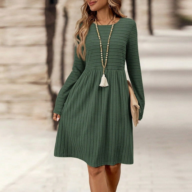 Women's Casual Dress Spring Autumn Fashion Solid Color Round Neck Long Sleeve Waist Flowy Comfortable Stylish Versatile Everyday Wear Womens Casual Trendy Midi Dresses