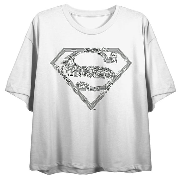 Superman Logo Character Graphics Women's White Crew Neck Short Sleeve Crop Top-Medium