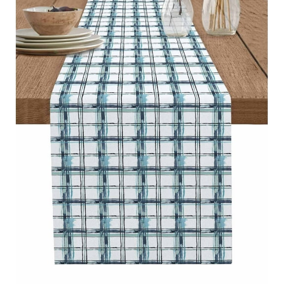 Ldtrchee Blue Plaid Table Runner 120 Inches, Watercolor Checkered Blue Ombre Bed Runner Dresser Scarves Tabletop for Indoor Outdoor Parties/Ceremony/Banquet, 13"x 120"