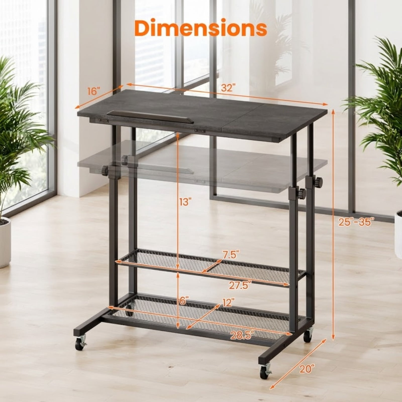 Furnibear Mobile Stand Up Desk Height Adjustable Standing Table with Tilting Tabletop and Storage Shelves, Oak