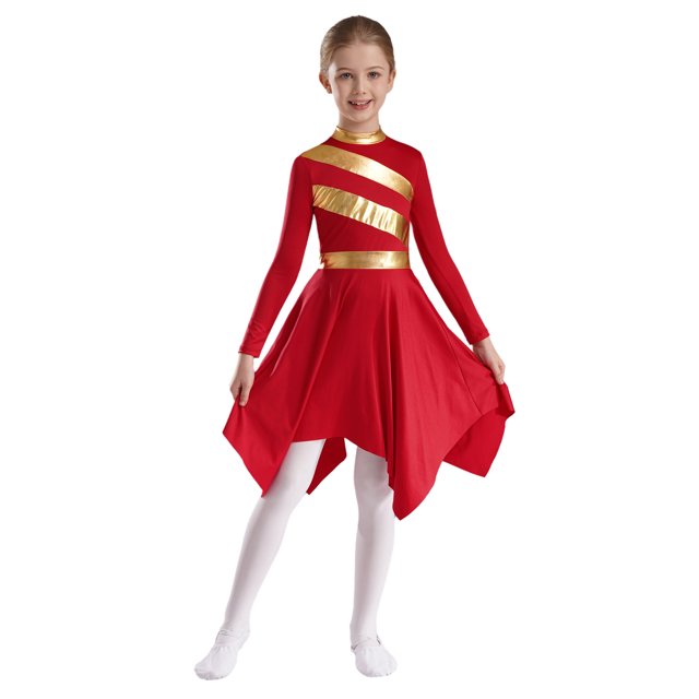CHICTRY Kids Girls Long Sleeve Lyrical Praise Dance Dress Shiny Liturgical Worship Dance Robe for Performance Red 14