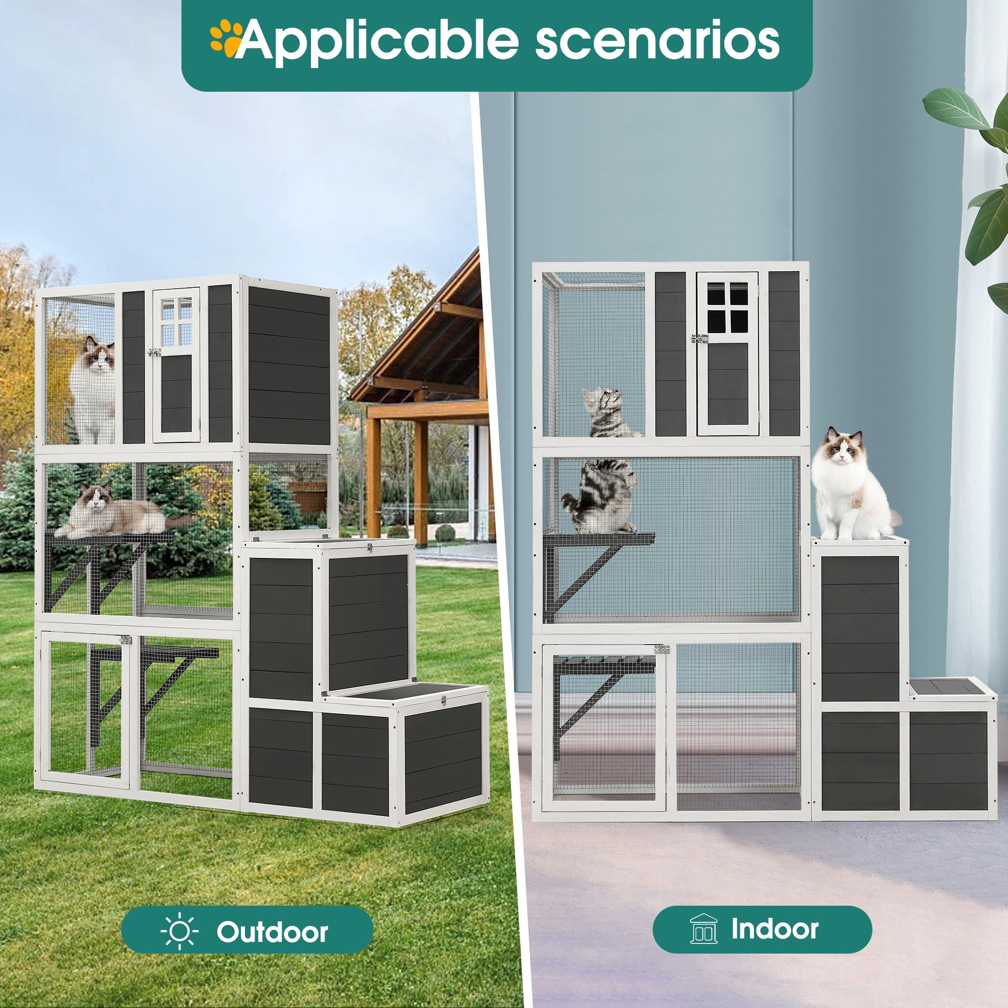 Outdoor Catio Enclosure for Cats Clearance, 3-Tier Wooden Catio Enclosure for 3 Cats, Winter Cat Cage for Indoor with Resting Box, Platforms, Jump Box, 71"H, Gray