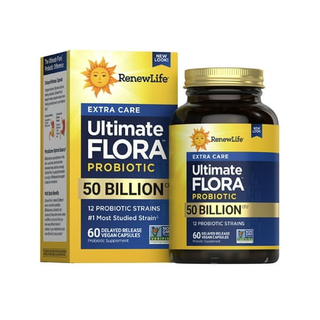 Ultimate Flora Extra Care Probiotic | 50 Billion Live Cultures | 60 Vegetarian Capsules | by Renew Life
