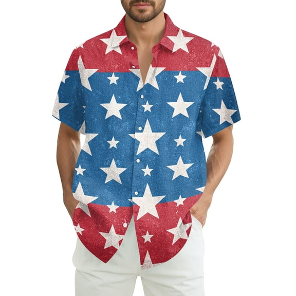 Hogleaql Independence Day Shirts for Men 4th Of July American Flag Print Short Sleeve Patriotic Shirts Collared Button Trendy Hawaiian Casual Outfits Red M