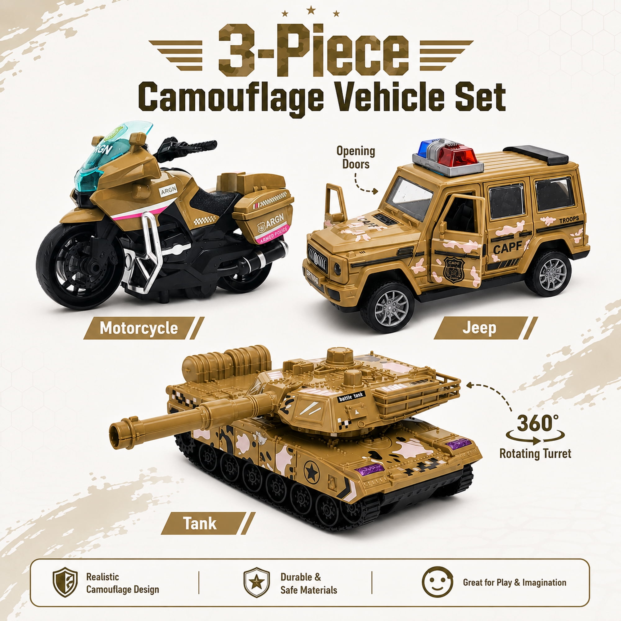 Friction Powered Vehicle Toys 3 Pack, Camouflage Tank Jeep Motorcycle Toy Set for Kids Ages 3+, No Battery Toy Cars, Birthday Gift