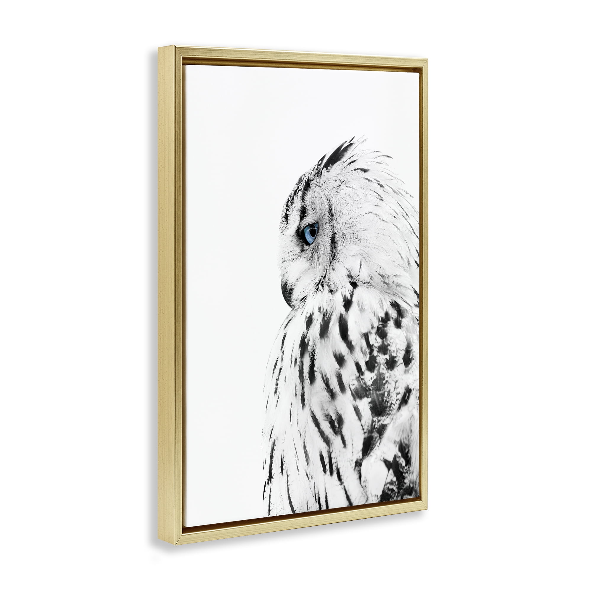 Stupell Industries Owl with Strong Blue Gaze Animals Painting Gold Floater Framed Canvas Art Print Wall Art, 21 x 31